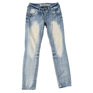 WallFlower Skinny Jeans Light Wash Double Button Embroidered Rhinestone SZ 3 422